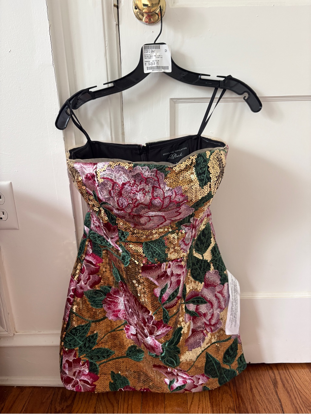 Dress The Population Gold Sequin Floral Mini Dress With Pink & Green Accents